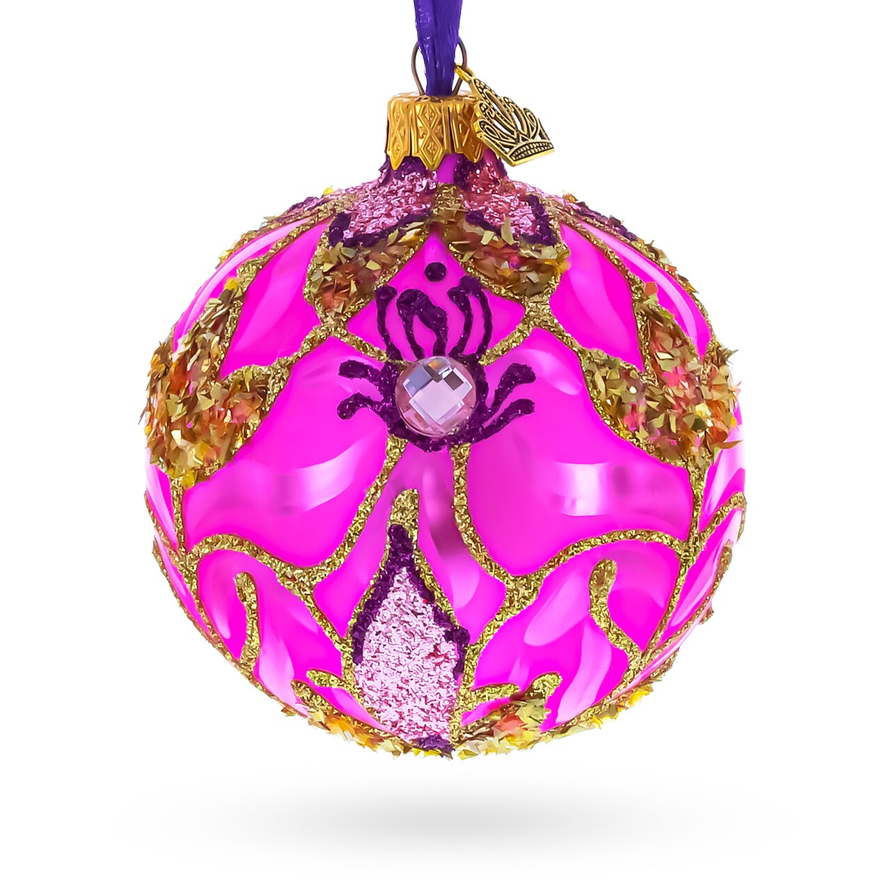 Pink with Gold Scrolls Jewel Iridescent Leaf Glass Ball Christmas Ornament 3.25 Inches